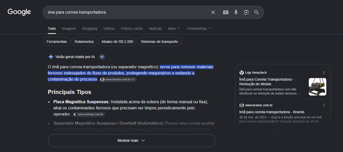 ① “Ímã para correia transportadora” — site da Bramis citado como fonte na Visão Geral por IA do Google